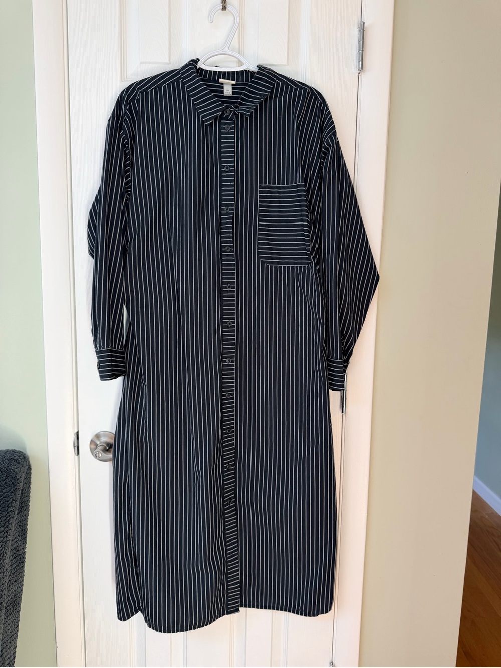 Black Pinstripe Long Button-Up Shirt Dress
